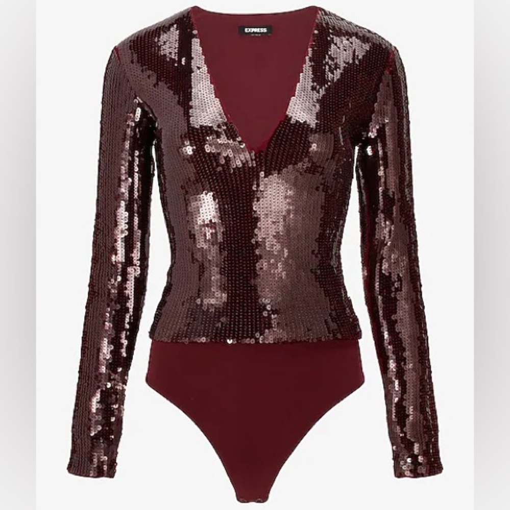 ISO | Sequin Deep V-Neck Thong Bodysuit | Pomegranate | Size L or M